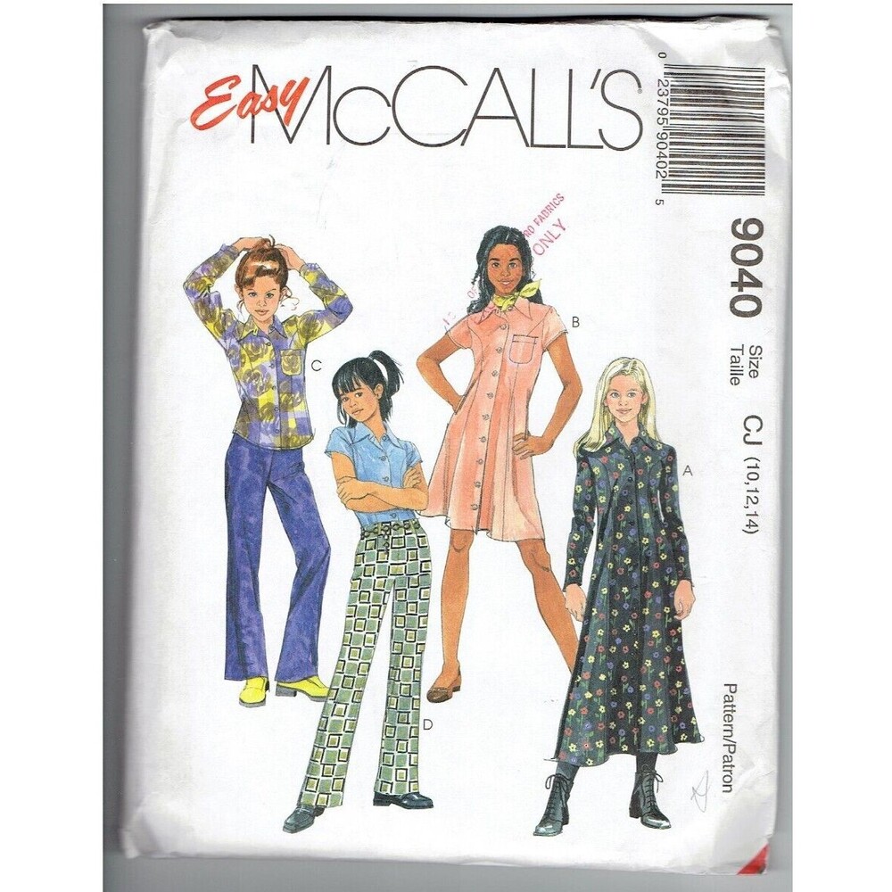 McCalls Sewing Pattern 9040 Girls Dress Shirt Pants Uncut NEW Sizes 10-12-14